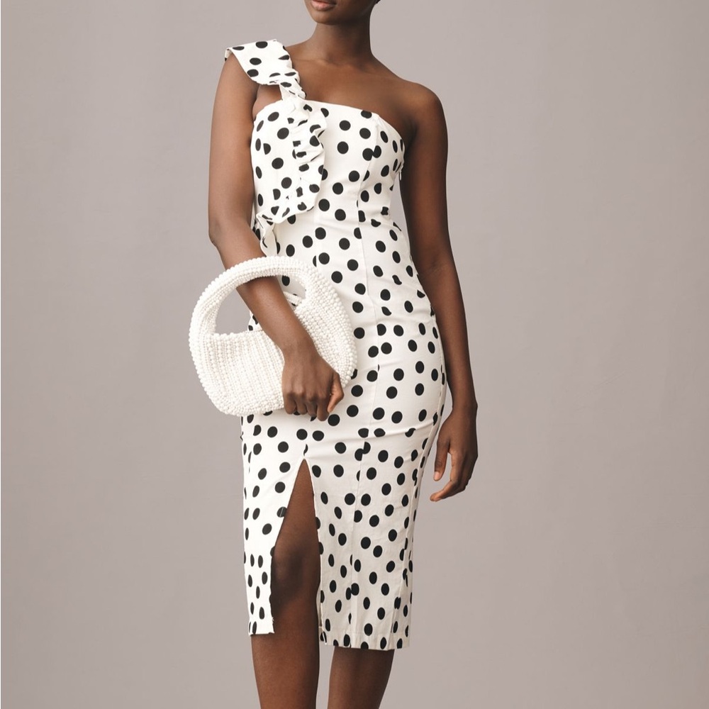 NWT Polka Dot Anthropologie Dress. One shoulder. Ruffle detail. Never Worn.